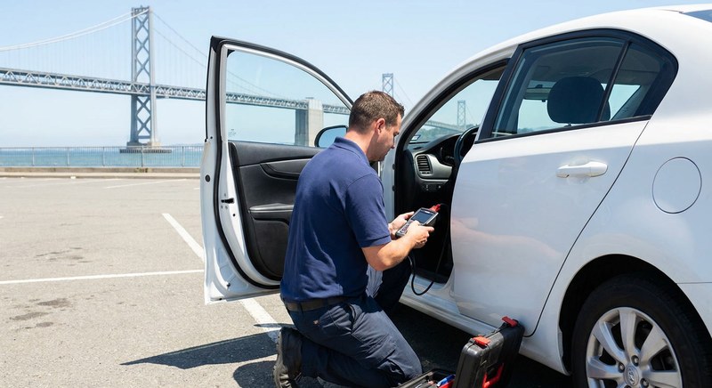 Auto locksmith with key programmer at a Foster City waterfront parking area