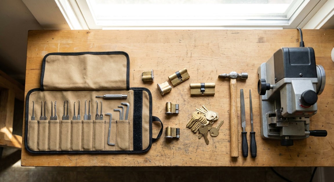 Desk with lock hardware components and documents representing the guide methodology