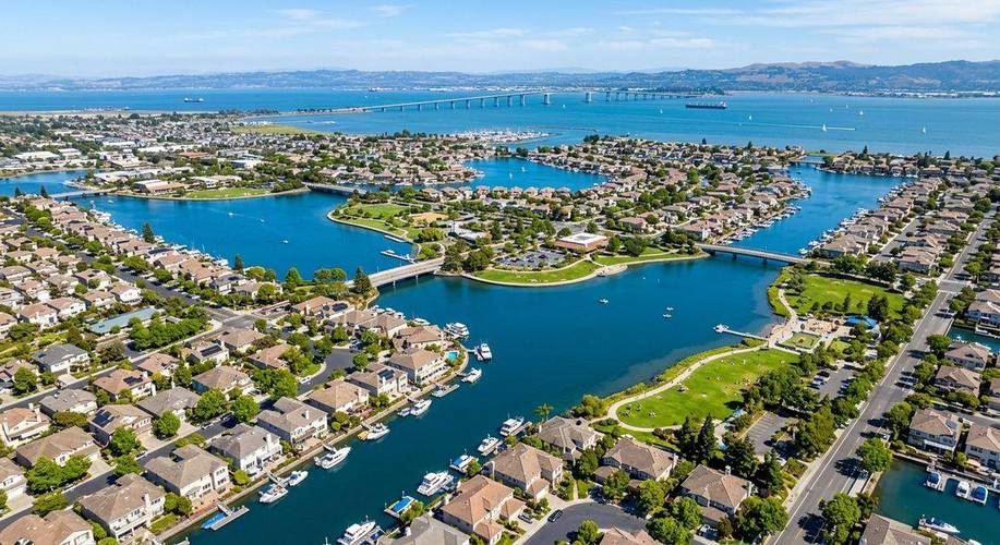 Foster City California lagoon system and waterfront from above
