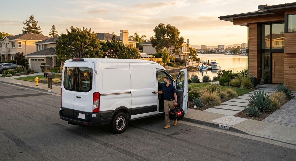 Locksmith service van arriving at a Foster City California residential home