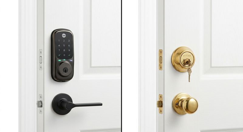 Smart lock on left vs traditional brass deadbolt on right comparison