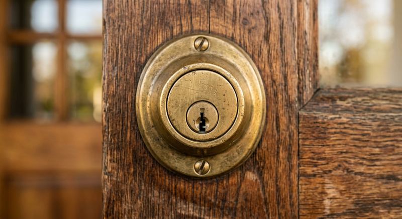Residential brass deadbolt on a wooden front door