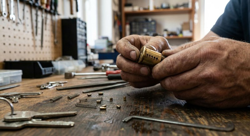 Locksmith holding a door lock cylinder with pin tumbler mechanism