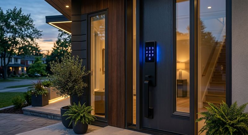 Modern smart lock keypad on a residential front door at dusk