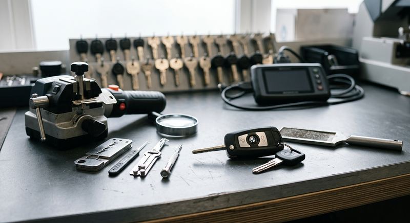 Car key fob and transponder key with auto locksmith equipment
