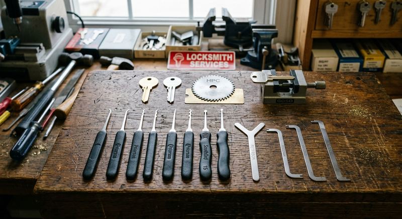 Professional locksmith tools on a workbench including picks and tension wrenches