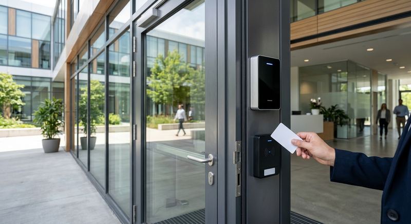 Commercial door access control panel at a modern office building
