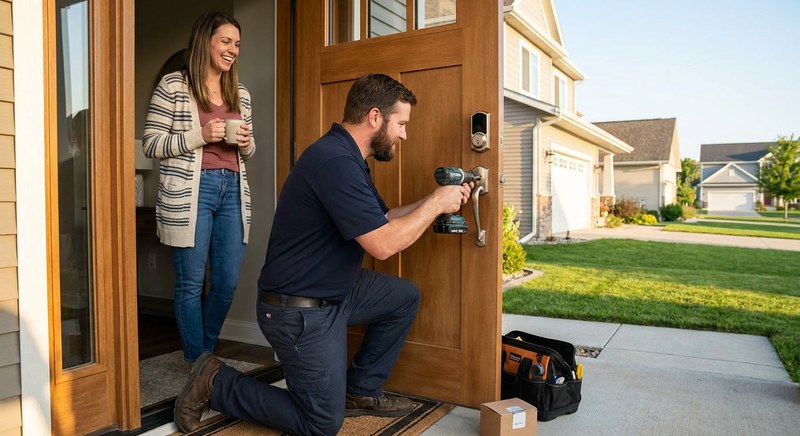 Locksmith installing a smart lock at a Foster City residential home